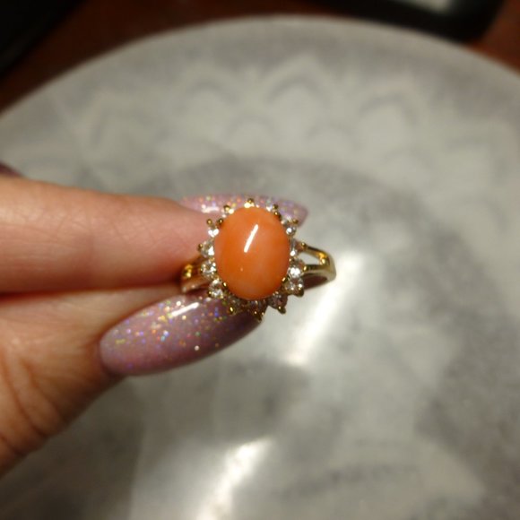 18k Gold EP Coral Swarovski Crystals Dolphin Ore Ring - Picture 4 of 11